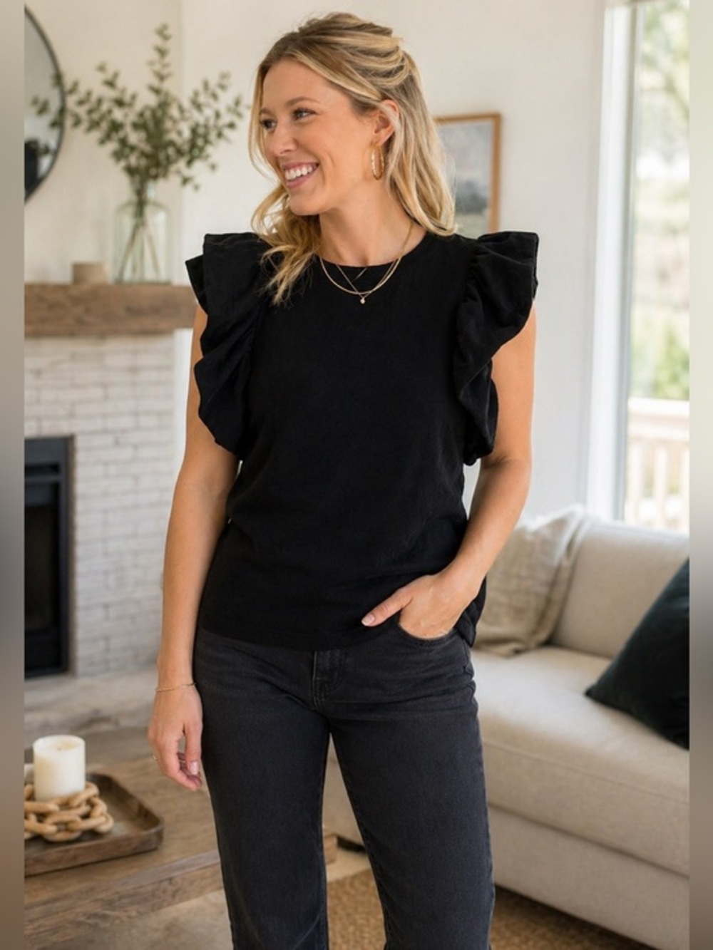 THML Black Velvet Flutter Sleeve Top M Holiday Dressy Chic